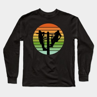 Lineman Repairing Damaged Power Lines Retro Sunset Long Sleeve T-Shirt